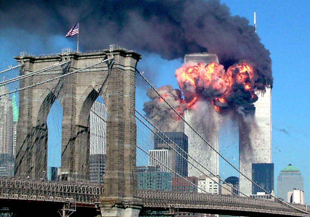 File photo of the second tower of the World Trade Center bursting into flames after being hit by an airplane in New York