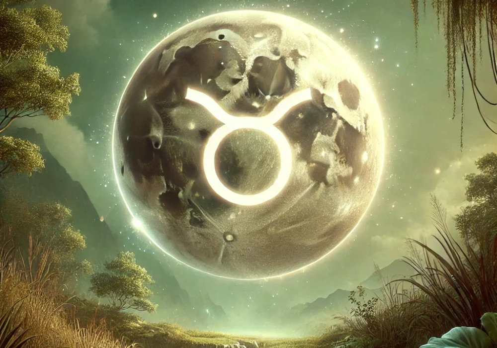 DALL·E 2024-10-30 15.51.07 - A mystical and earthy scene representing a Full Moon in Taurus. Show a large, glowing full moon with a Taurus symbol subtly embedded on its sur